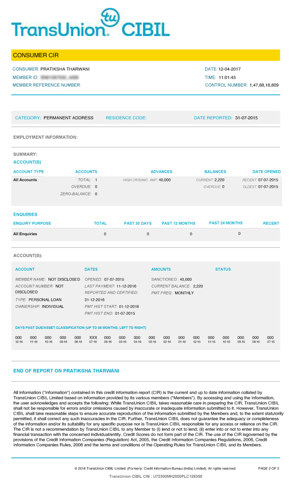 Here is the report of a customer by TransUnion.CIBIL . In this report we can see the consumer CIR, employment information, enquiries, account and end of report of a customer.